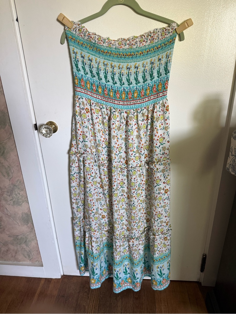 Boho Floral Strapless Maxi Dress in Teal and White